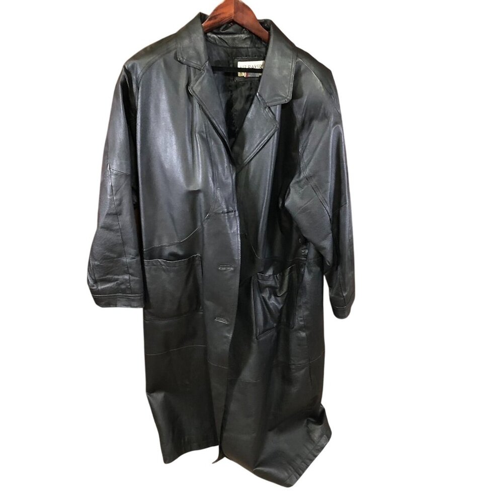 Liz Baker Essentials Women Long Leather Trench Coat XL Black Button Up Collared